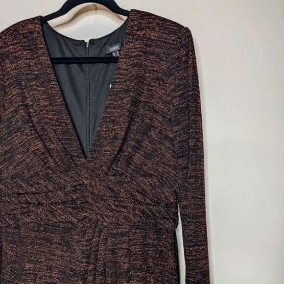 Aidan Mattox Copper V-Neck Gown with Waistband Maxi Dress Long Sleeves - Picture 9 of 11